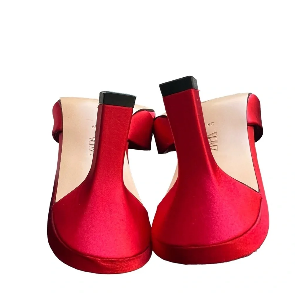 Zara - Red Satin Effect Toe Loop Square Heels Sandals Sz 38 - Picture 8 of 11